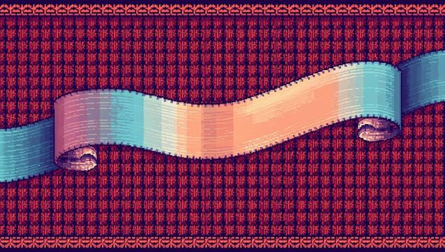 Retro pixel ribbon waving across ornate patterned canvas with rolled ends and gradient
