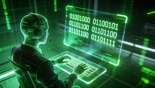 Holographic ai operator typing binary code on neon holo screen, futuristic cyber grid