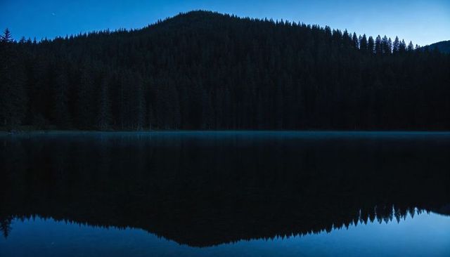 Dusk lake reflecting dark conifer forest and mountain silhouette during blue hour