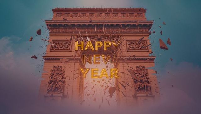 Triumphal arch illuminating happy new year neon with exploding stone debris