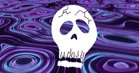 Futuristic white skull with abstract holographic pattern background