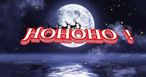 Floating 3d hohoho! lettering over moonlit seascape with reindeer sleigh and stars