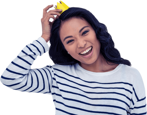 Smiling Asian Woman Wearing Paper Crown Isolated on Transparent Background - Download Free Stock Videos Pikwizard.com