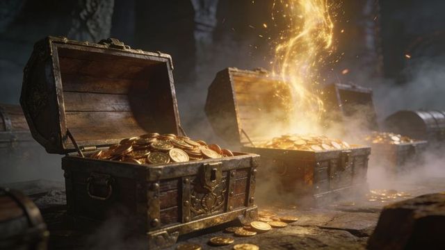 Magical treasure chests overflowing with gold coins and glowing plume in foggy cavern