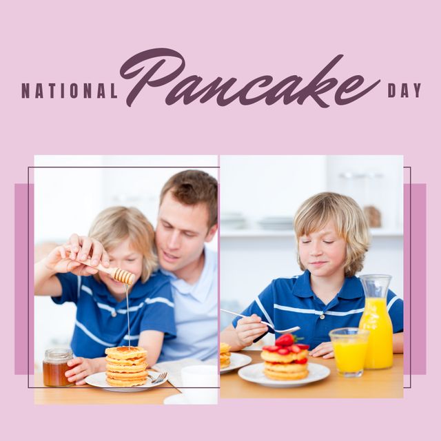 Collage of caucasian father with son pouring honey on pancakes and boy eating pancakes for breakfast. Composite, national pancake day, family, together, childhood, food, support, charity, celebration.