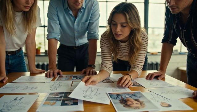 Creative team reviewing character sketches and headshots in collaborative design session