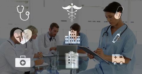 Nurse taking notes during clinical team meeting with laptop and medical icons overlay