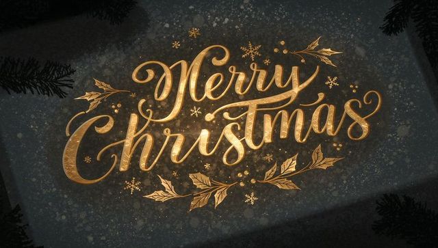 Gold foil merry christmas handlettered script with holly sprigs and snowflakes