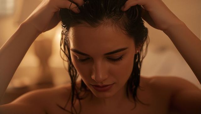 Intimate amber portrait woman lifting wet hair holding scalp in warm bedroom closeup