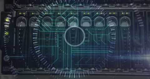 Futuristic Server Technology with Digital Interface Overlay