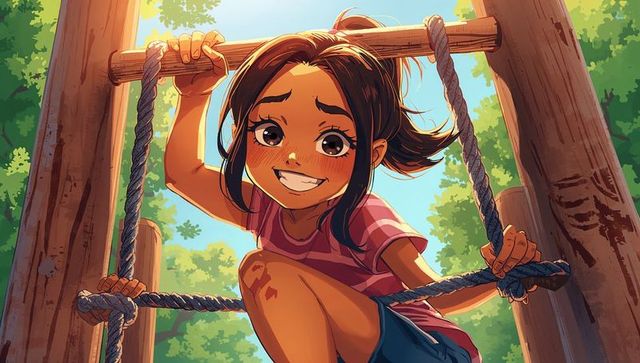 Sunlit girl climbing rope ladder in wooden playground, smiling and gripping beam