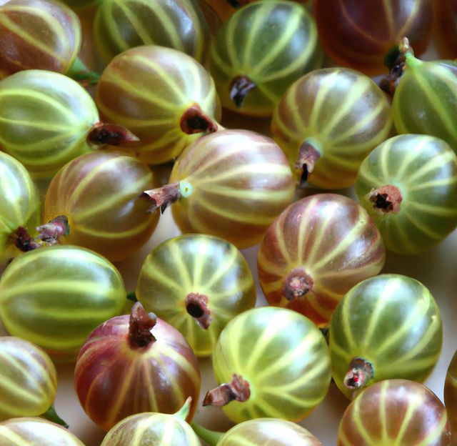 Macro shot of fresh green and red gooseberries, showcasing striped patterns and juicy texture. Can be used in design projects related to healthy eating, summer fruits, organic produce, and natural foods. Ideal for food bloggers, nutrition articles, and recipe books.