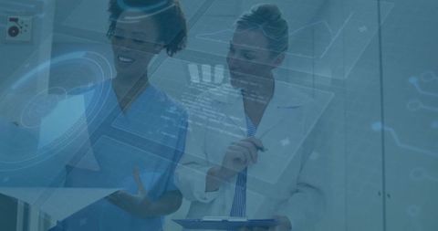 Healthcare Professionals Reviewing Data with Futuristic Digital Graphics Overlay