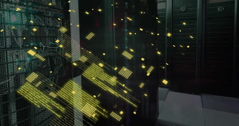 Digital Data Flow and Computer Circuit Dynamic Animation in Server Room