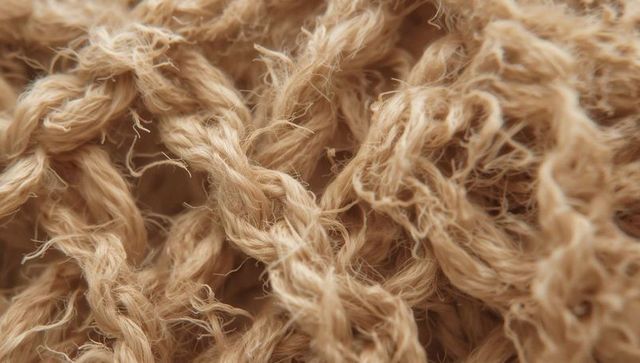 Macro close-up showing tangled tan twine braids and frayed natural fibers texture