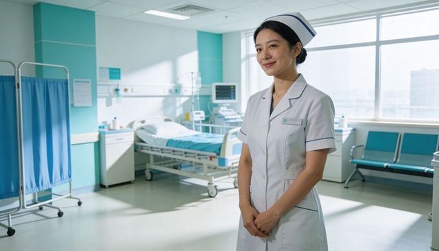 Asian nurse standing in bright hospital room smiling in white uniform and cap
