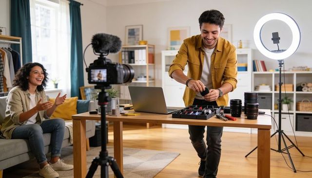 Content creator assembling camera gear for vlog in modern studio with ring light and dslr