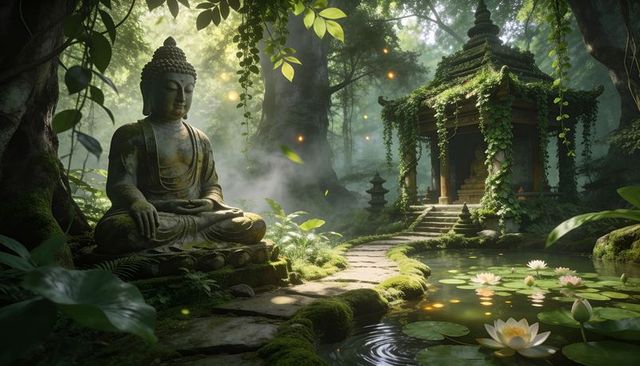 Ancient buddha shrine in lush forest with lotus pond, misty pathway and serene atmosphere