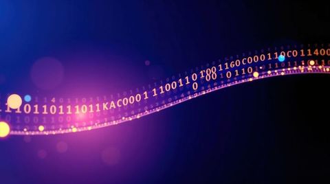 Spiraling binary code with glowing particles and digital flare