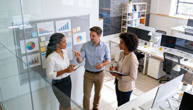 Multicultural team collaborating around charts and notes in bright modern office