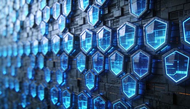 Futuristic cybersecurity shield grid with blue holographic panels on industrial server wall