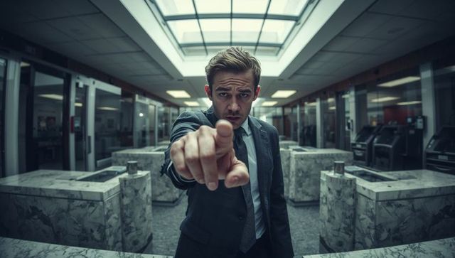 Bank executive pointing directly at camera in modern marble lobby under skylight