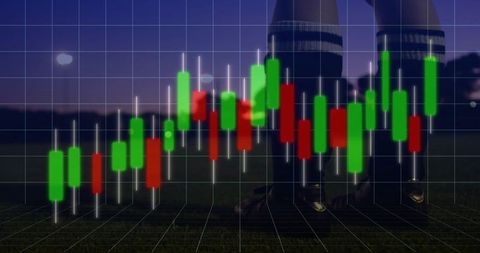 Overlaying Candlestick Trading Chart on Football Cleats and Stadium Turf at Dusk