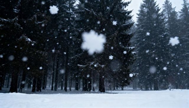 Giant foreground snowflake falling over dark evergreen forest clearing in winter snowfall