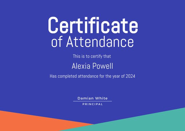This certificate of attendance template features a modern design with bold, vibrant colors and clean text. Perfect for schools, colleges, and educational institutions looking to award their students for attending courses or programs in 2024. Easy to customize with your own text and institution’s branding. This professional template can be used for creating certificates for diverse ceremonies and academic recognitions.