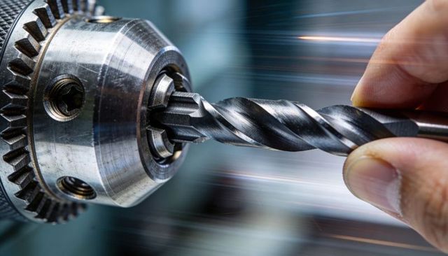 Machinist aligning twist drill bit in keyed chuck close-up metalworking tooling