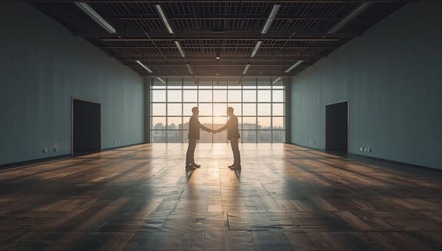 Two executives shaking hands in expansive empty office with hardwood floor and city view