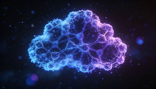Glowing neural cloud network connecting luminous nodes, filaments and particle mesh