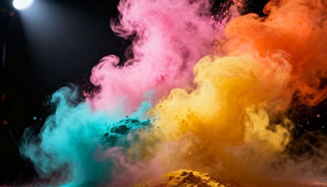 Exploding Color Powder Clouds Creating Vibrant Cyan, Pink, Yellow, Orange Backlit Abstract