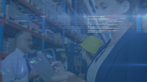 Businesswoman Using Tablet with Technology Overlay in Warehouse