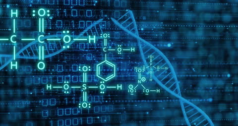 Digital DNA Strand and Chemical Structures on Binary Code Background