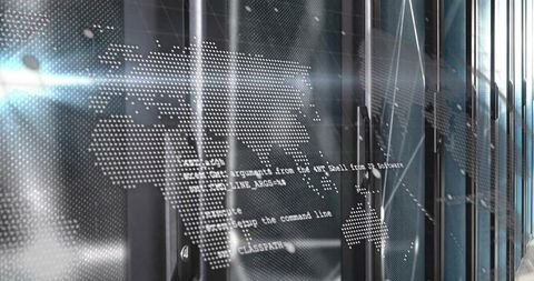 Futuristic Digital Overlay with Code in Data Center