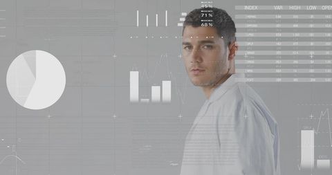 Tech-Savvy Male Doctor Analyzing Medical Data with Digital Interface