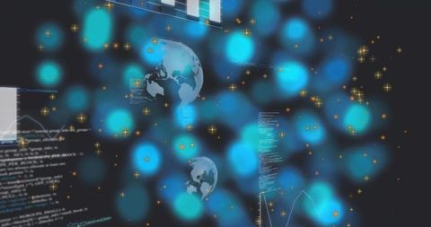 Global Data Visualization Featuring Teal Bokeh, Floating Globes, Code, and Golden Sparks