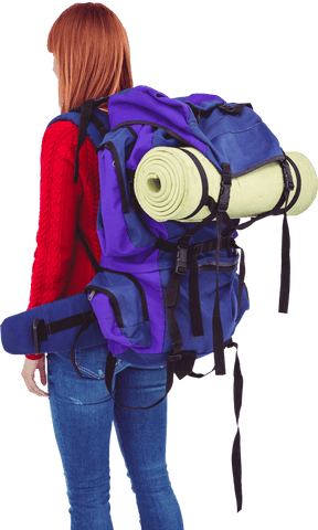 Redhead back hiker with gear in transparent background