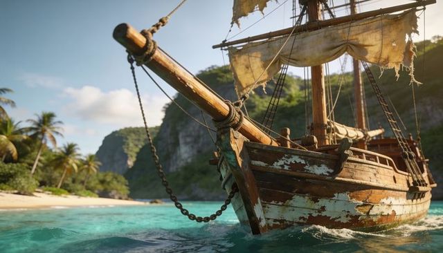 Weathered wooden sailing ship anchoring in turquoise cove with tattered sails and peeling paint