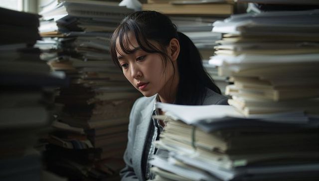 Asian woman sorting archived records and binders at desk, feeling overwhelmed by paperwork