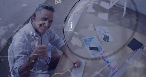 Middle-Aged Man Giving Thumbs-Up in Modern Office