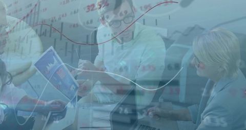 Presenting financial charts and market data during collaborative team meeting with tablet