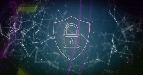Protecting Digital Network With Shield Padlock Over Neon Teal Node Grid