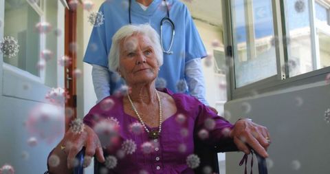 Elderly care and health worker amidst virus metaphor