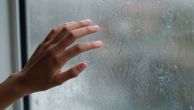 Left hand pressing rainy window with finger trails, condensation and raindrops closeup