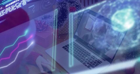 Parent joining daughter on laptop for casual video call with holographic tech overlays