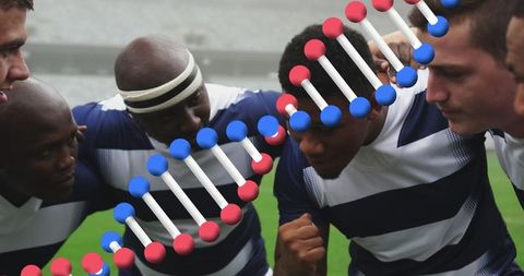 Diverse Male Rugby Team and DNA Strand Fusion