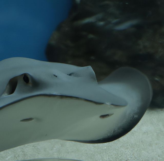 Stone-file close-up captures the elegance of a stingray swimming underwater. Ideal for content related to marine biology, ocean exploration, and nature documentaries. It is also suitable for websites and articles focusing on the beauty and diversity of sea life.