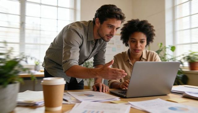 Male colleague guiding female coworker reviewing charts on laptop in bright modern office